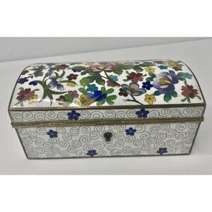 Japanese Cloisonne White Enamel Floral Trinket Jewelry Lock Box NO‎ KEYS